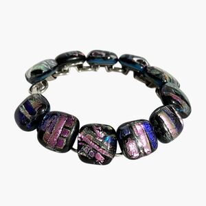 VTG Dichroic Glass Bracelet Silver Tone Linked Iridescent Shimmer Fused Handmade